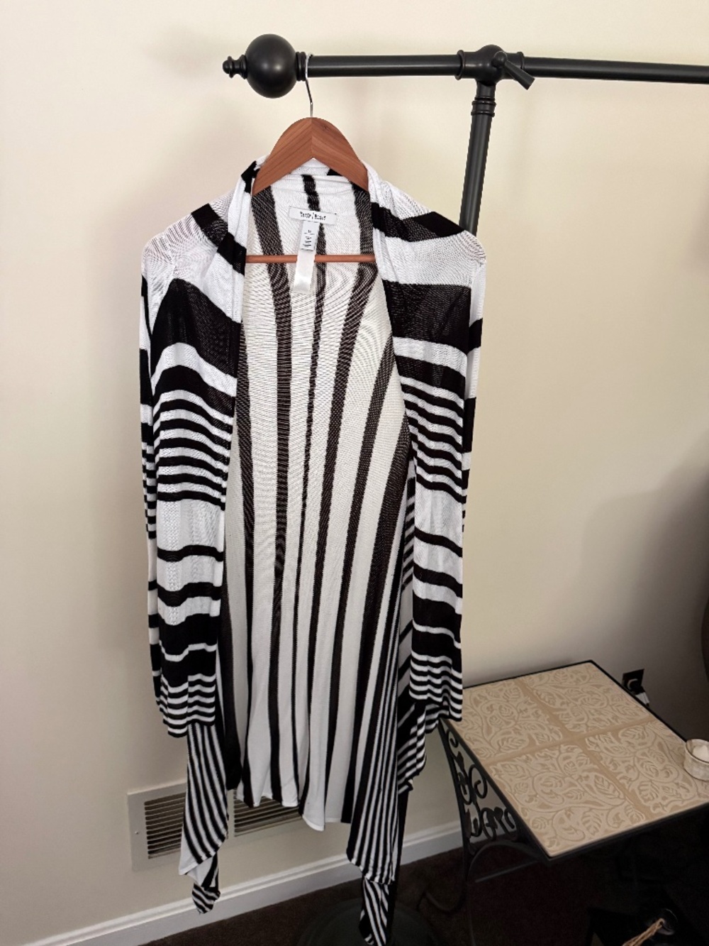 White House Black Market Black & White Striped Open Front Draped Cardigan